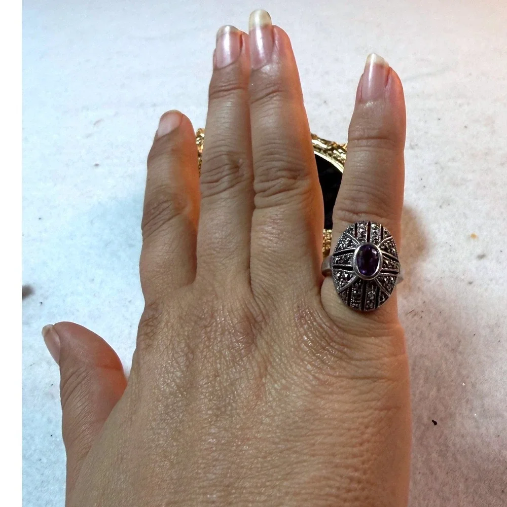 Amethyst Ring Sterling Silver Marcasite Womens 5.75 Art Deco‎ Vintage